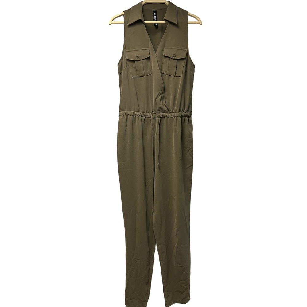 Design Lab Olive green Jumpsuit Collar /Surplice Neckline Gathered Elastic Waist